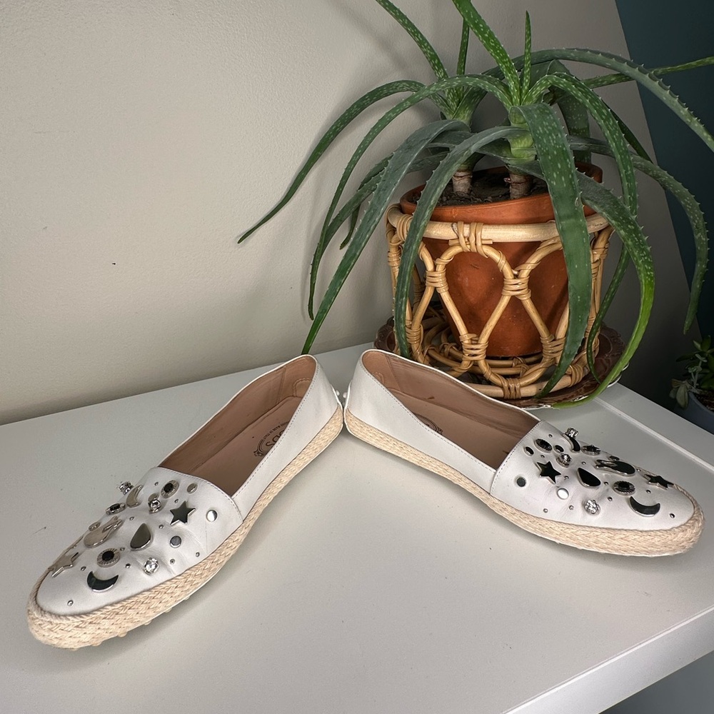 TOD’S White Leather Espadrille Loafers Star Moon Studded Driving Flats 36.5/6.5 - Picture 7 of 12